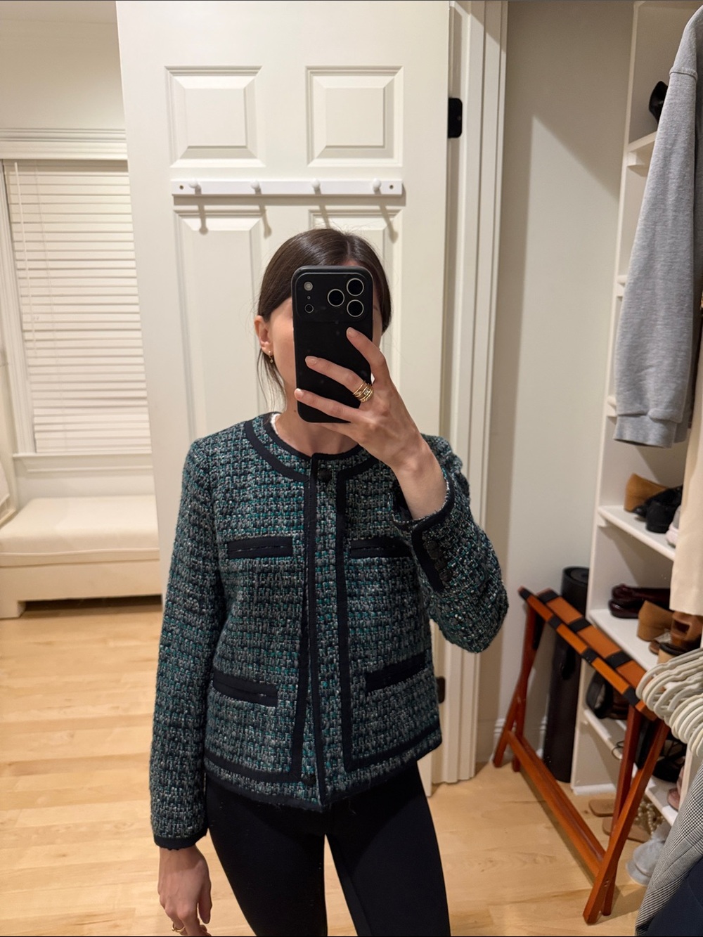 Jcrew Women's Teal Tweed Collarless Jacket